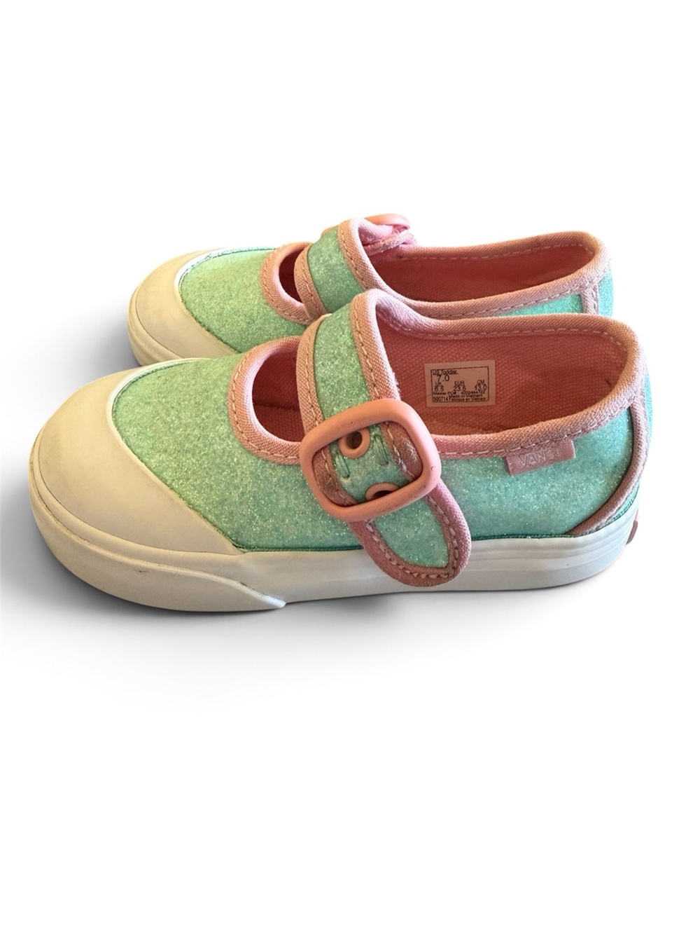 Vans Kids Mint Green and Pink Mary Jane Buckle Sneakers